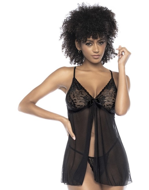 Babydoll en dentelle et résille noire ouvert sur le devant - MAL7501BLK Babydoll en dentelle et résille noire ouvert sur le devant - MAL7501BLK