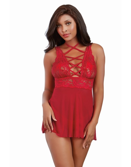 Nuisette rouge avec ornements et culotte assortie - DG11543RUB Nuisette rouge avec ornements et culotte assortie - DG11543RUB