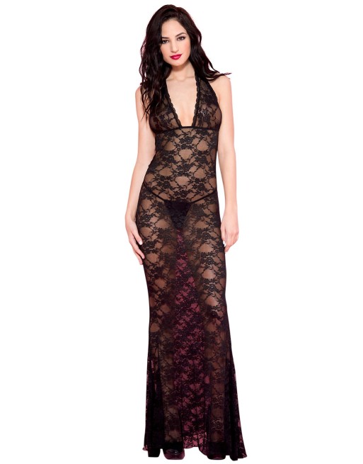 Nuisette longue noire décolletée dentelle florale - ML53012BLK Nuisette longue noire décolletée dentelle florale - ML53012BLK