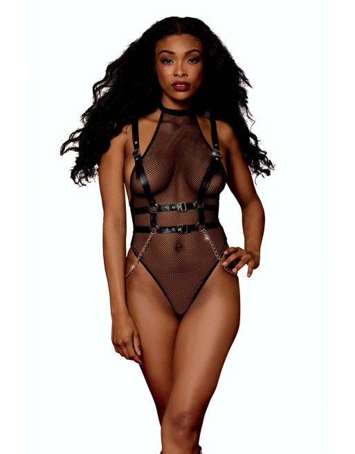 Body en résille avec Harnais simili cuir et chaines - DG13291BLK Body en résille avec Harnais simili cuir et chaines - DG13291BLK