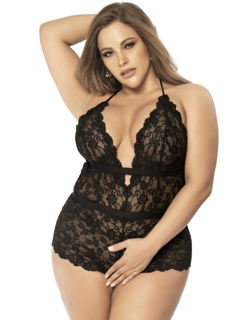 Body grande taille en dentelle florale noire ouvert avec dos - MAL8685XBLK Body grande taille en dentelle florale noire ouvert avec dos - MAL8685XBLK