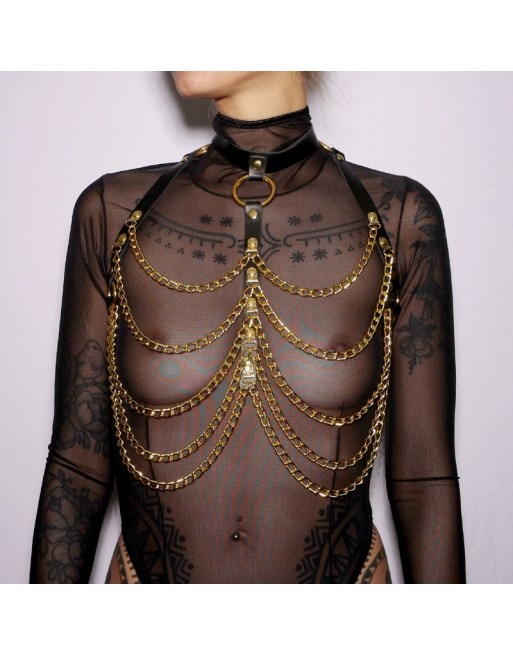 Harnais de poitrine cuir et chaines Gold Harnais de poitrine cuir et chaines Gold