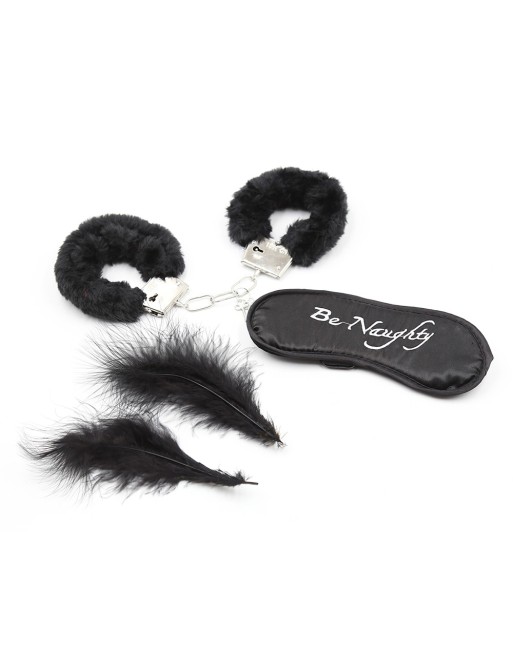 Kit coquin 4 pièces : Menottes, 2 plumes et masque - 332400006 Kit coquin 4 pièces : Menottes, 2 plumes et masque - 332400006