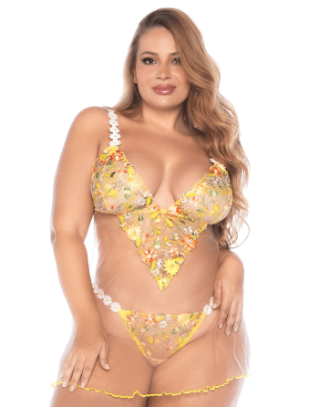 Nuisette grande taille transparente brodée jaune et string - MAL7608XSUBS