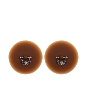 Paire de cache-tétons piercing barre demi-anneau faux diamant peau foncée - XP008F