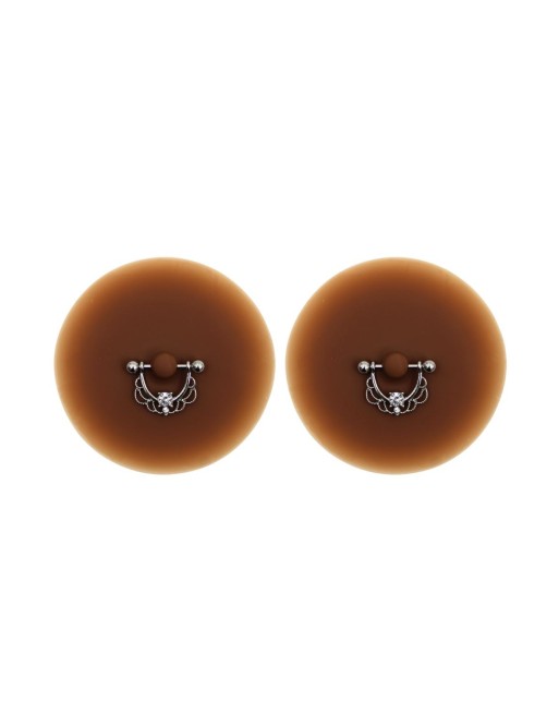 Paire de cache-tétons piercing barre demi-anneau faux diamant peau foncée - XP008F Paire de cache-tétons piercing barre demi-anneau faux diamant peau foncée - XP008F