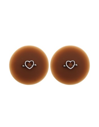 Paire de cache-tétons piercing barre coeur faux diamant peau foncée - XP004F