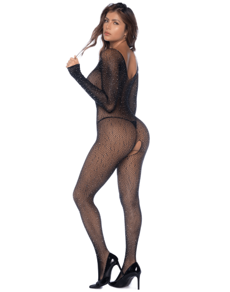 Combinaison noire en résille ornée de strass - MAL1131BKRH