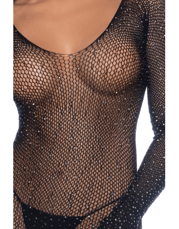 Combinaison noire en résille ornée de strass - MAL1131BKRH