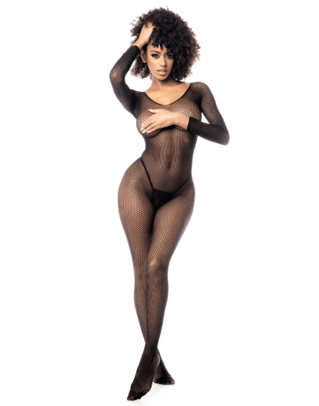 Combinaison manches longues en résille noire - MAL1102BLK