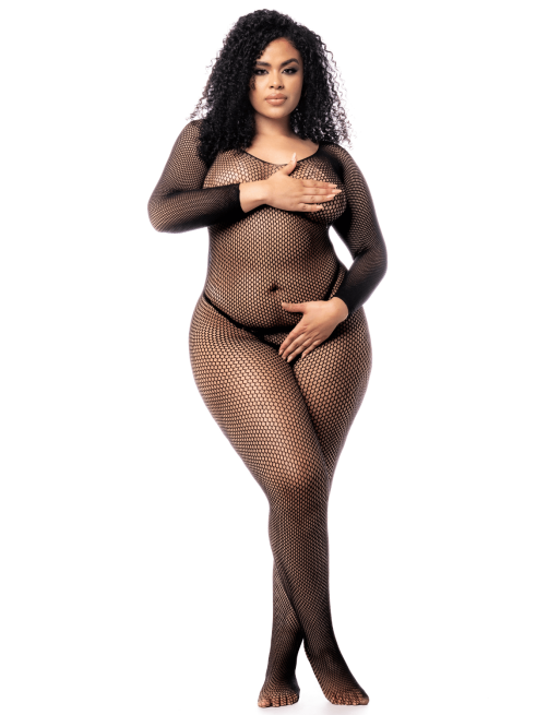 Combinaison grande taille manches longues en résille noire - MAL1102XBLK Combinaison grande taille manches longues en résille noire - MAL1102XBLK