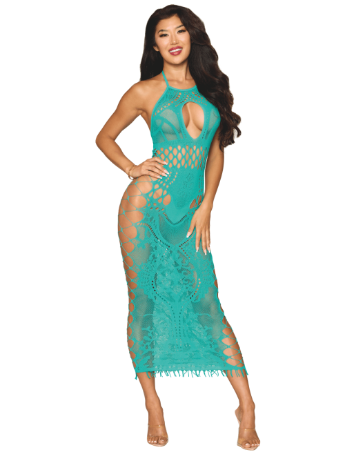 Robe longue résille fantaisie turquoise - DG0524AGA Robe longue résille fantaisie turquoise - DG0524AGA