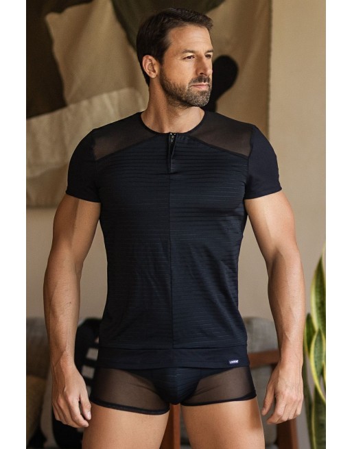 T-shirt noir rayé opaque et transparent - LM2906-81BLK T-shirt noir rayé opaque et transparent - LM2906-81BLK