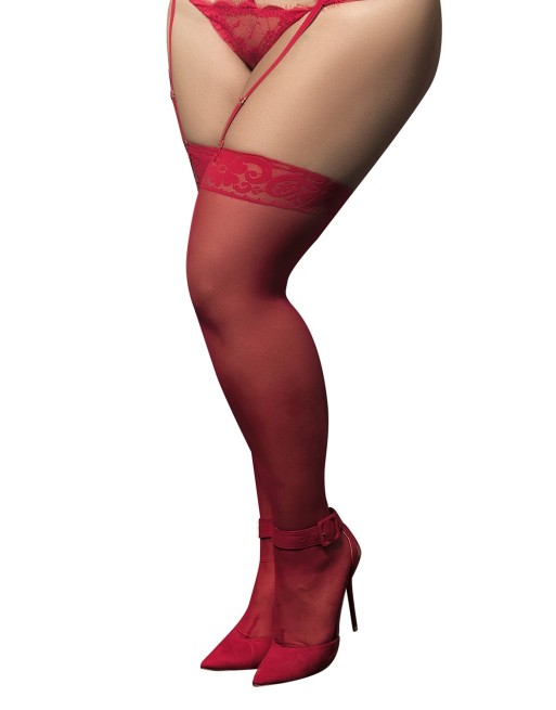 Bas nylon rouges autofixants, grande taille, jarretières dentelle - MAL1094XRD Bas nylon rouges autofixants, grande taille, jarretières dentelle - MAL1094XRD