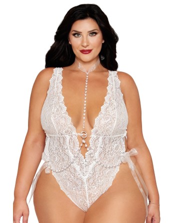 Ensemble 2 pièces grande taille, body dentelle blanc et chainettes bijou de corps perles blanches - DG13697XWHT