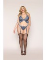 Soutien porte jarretelles grande taille et string en dentelle florale bleue - DG13522XBLU