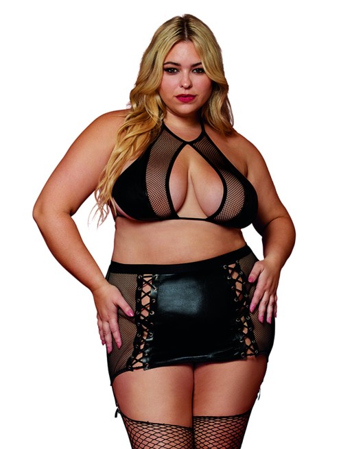 Soutien gorge et jupe porte jarretelles grande taille en résille et simili cuir - DG13290XBLK Soutien gorge et jupe porte jarretelles grande taille en résille et simili cuir - DG13290XBLK