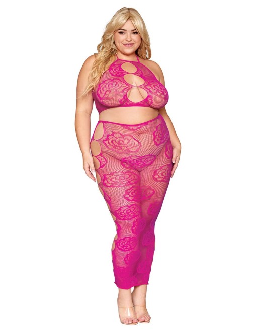 Ensemble Soutien-gorge et jupe longue en filet rose, grande taille - DG0485XBEE Ensemble Soutien-gorge et jupe longue en filet rose, grande taille - DG0485XBEE
