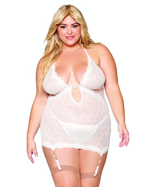 Guépière porte jarretelles blanche grande taille avec strass et string inclus - DG13313XWHT Guépière porte jarretelles blanche grande taille avec strass et string inclus - DG13313XWHT