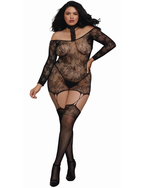 Bodystocking résille guêpière grande taille réversible avec tour de cou - DG0318XBLK Bodystocking résille guêpière grande taille réversible avec tour de cou - DG0318XBLK