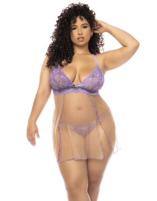 Nuisette grande taille couleur lavande et chair Verona, en dentelle et résille transparente - MAL7540XLLCN Nuisette grande taille couleur lavande et chair Verona, en dentelle et résille transparente - MAL7540XLLCN