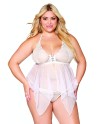 Babydoll et string grande taille en résille et dentelle blanche - DG13314WHT