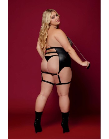 Body BDSM noir, grande taille, en maille avec corset / porte-jarretelles, simili cuir, intégré - DG13295XBLK