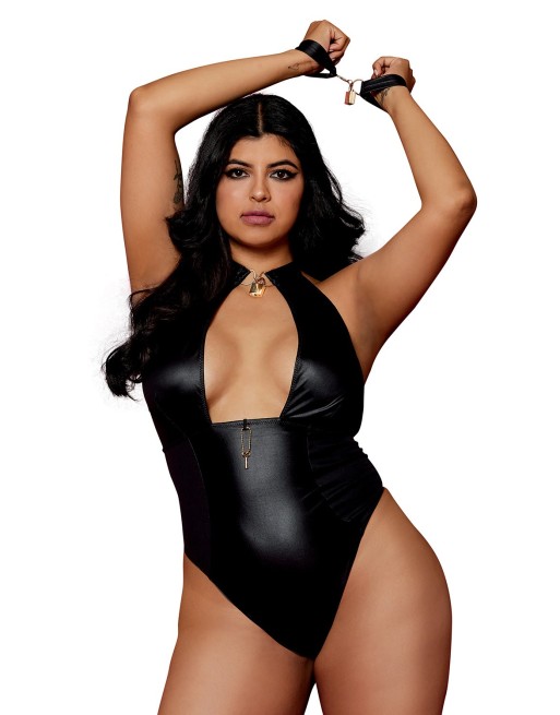 Body wetlook noir grande taille avec menottes, cadenas bijoux et clé bijou inclus - DG12814XBLK Body wetlook noir grande taille avec menottes, cadenas bijoux et clé bijou inclus - DG12814XBLK