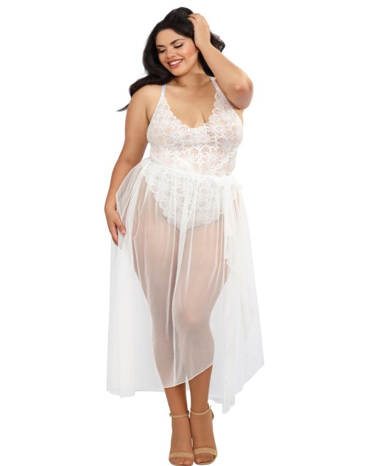 Body string grande taille blanc échancré dentelle avec jupe de maille transparente amovible - DG10996XWHT Body string grande taille blanc échancré dentelle avec jupe de maille transparente amovible - DG10996XWHT