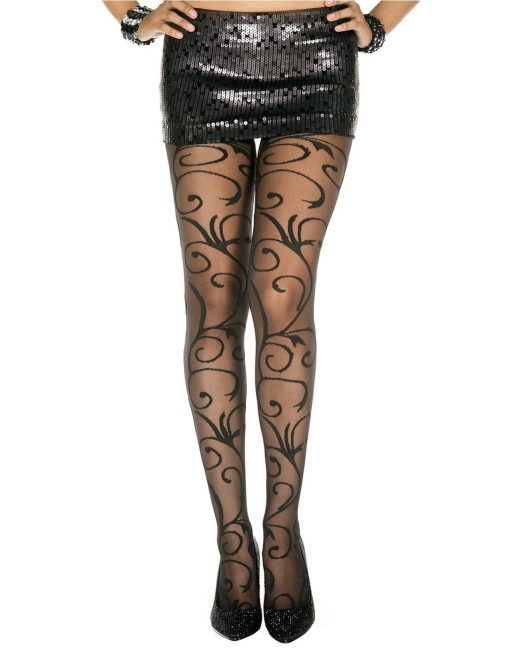 Collant fantaisie noir nylon avec fioritures - MH7129BLK Collant fantaisie noir nylon avec fioritures - MH7129BLK