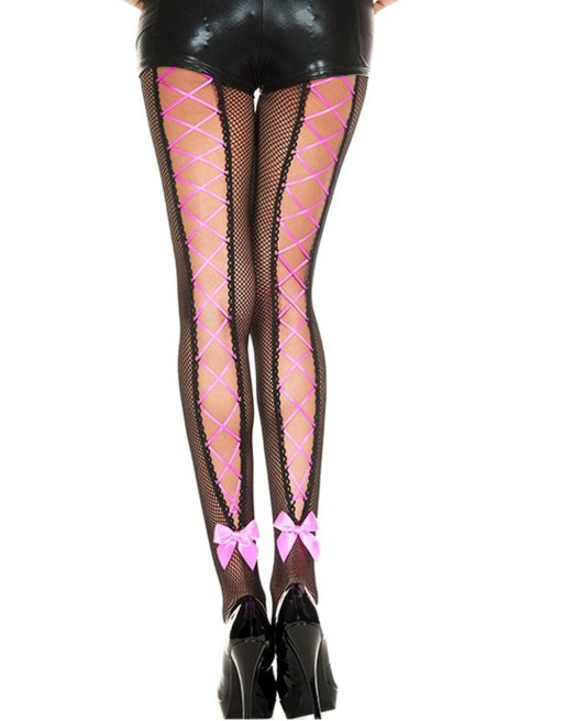 Collant résille noir avec laçage rose corset et noeud - MH50012BHP Collant résille noir avec laçage rose corset et noeud - MH50012BHP