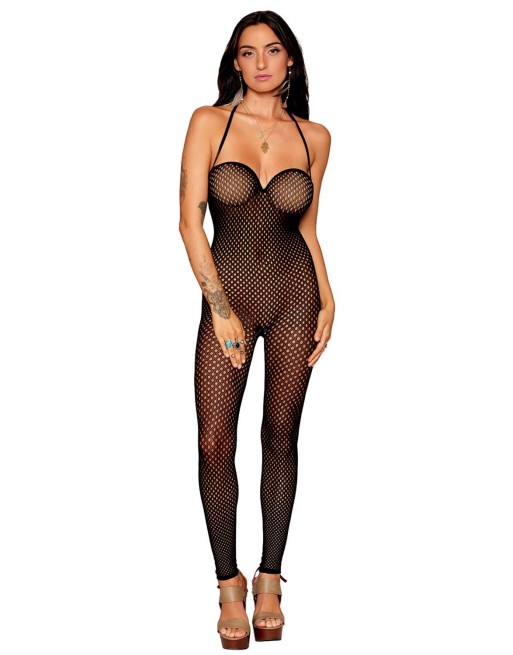 Bodystocking en résille noire, sans couture, avec large décolleté à armature - DG0471BLK Bodystocking en résille noire, sans couture, avec large décolleté à armature - DG0471BLK