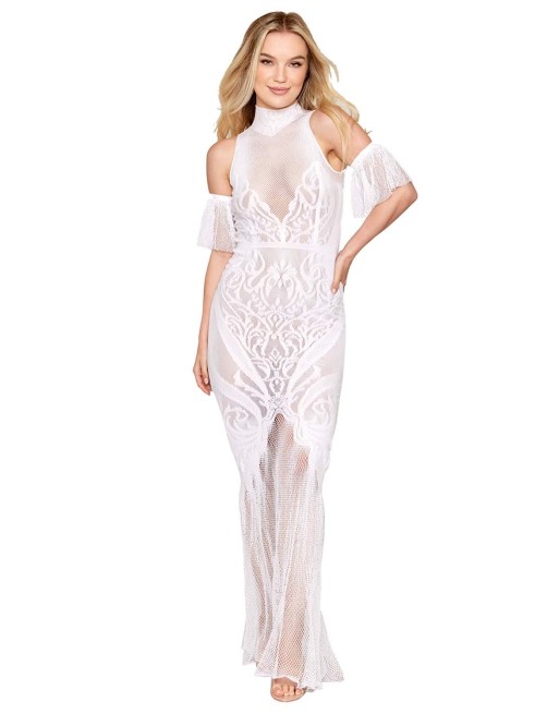 Robe bodystocking en résille et dentelle blanche - DG0490WHT Robe bodystocking en résille et dentelle blanche - DG0490WHT